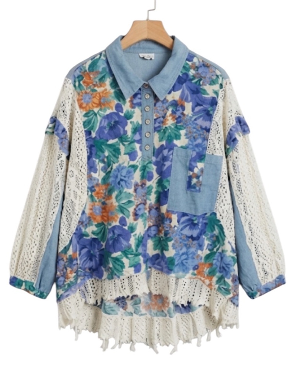 POL Boho Floral Patchwork Blouse Blue Chambray Crochet Lace 1/4 Button L
V - Picture 3 of 14